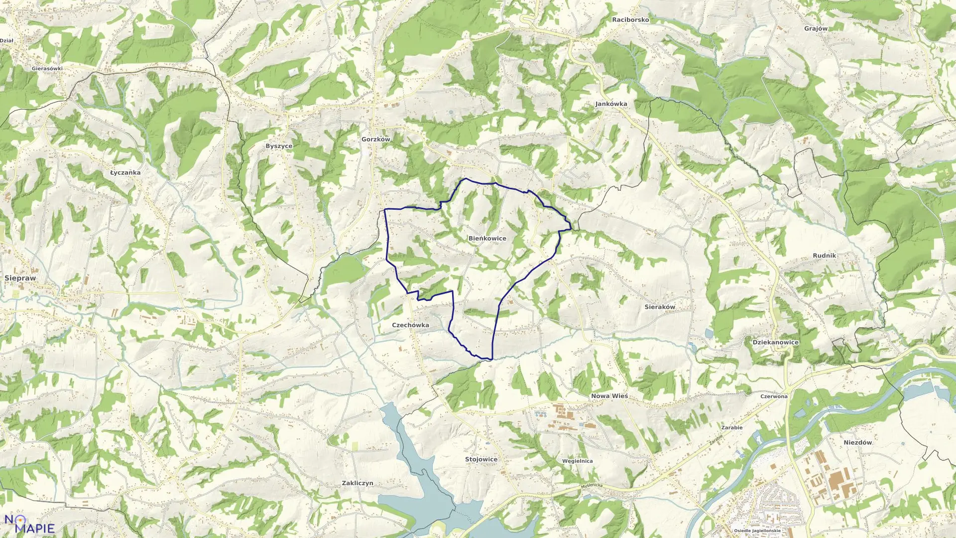 Mapa obrębu Bieńkowice w gminie Dobczyce