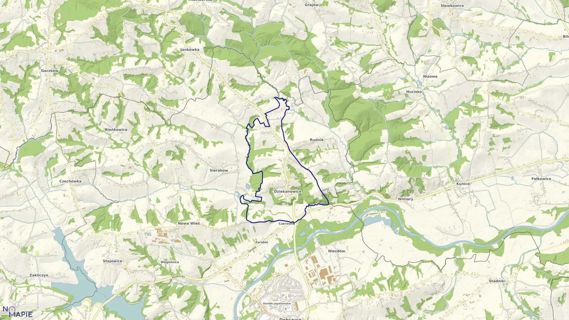 Mapa obrębu Dziekanowice w gminie Dobczyce